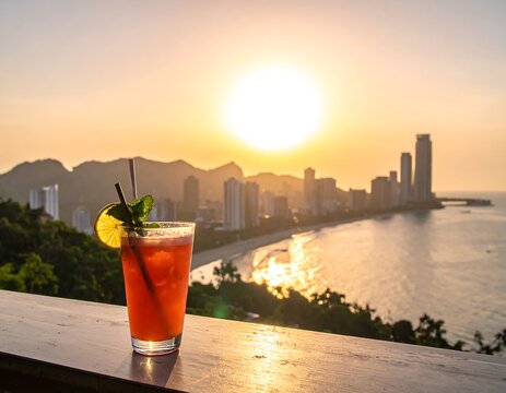 A refreshing drink at sunset overlooking a coastal cityscape