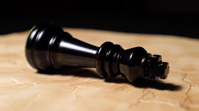 Black king chess piece defeated, lying down on old map background, representing strategy