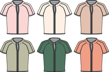 Fashion design technical flat sketch set of a short sleeve zip-up top with raglan sleeves and contrast trim. Sportswear apparel CAD template