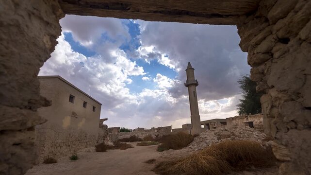 Day light Time-lapse of Old Abandoned ghost town in Al Jazirah Al Hamra, Ras Al Khaimah, UAE