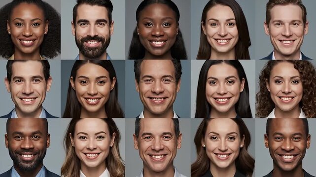 Diverse smiling faces grid close-up portrait collage background