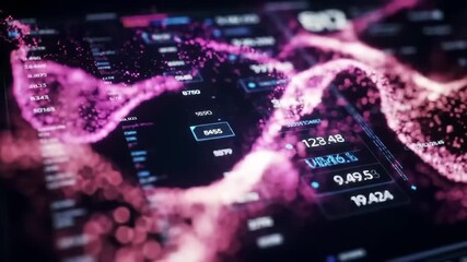 Abstract digital data stream with glowing particles and financial analytics. Futuristic financial analytics interface with digital data streams. Global business insight and innovation. - Powered by Adobe
