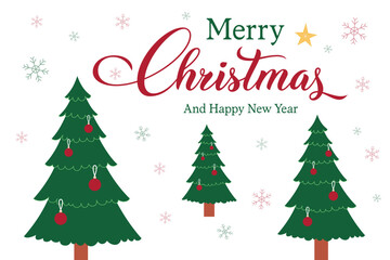 Merry Christmas and Happy New Year Greeting Card with Christmas Trees and Snowflakes Background