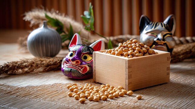 Celebrating setsubun with roasted soybeans and traditional masks