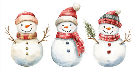 A group of five cheerful snowmen wearing colorful hats and scarves, each with unique accessories, set against a white background