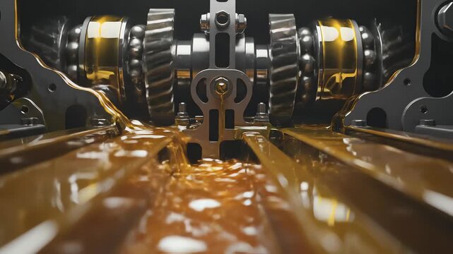 Close up animation of engine gears with flowing lubrication oil