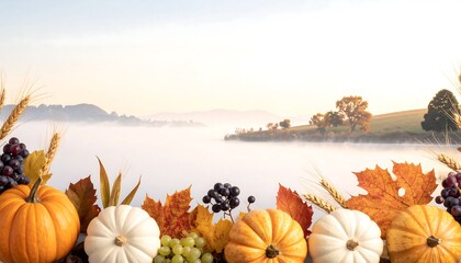 Autumn harvest by the lake with pumpkins and foliage.