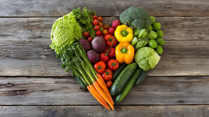 shallow. Fresh vegetables arranged in heart shape on rustic wooden table with warm natural tones and soft lighting. menu design.