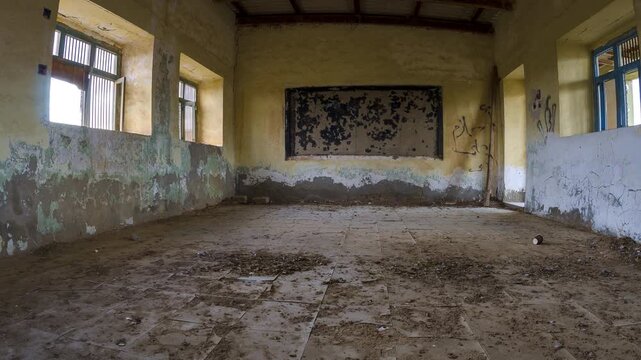 Day light Time-lapse of Old Abandoned School in Al Jazirah Al Hamra, Ras Al Khaimah, UAE