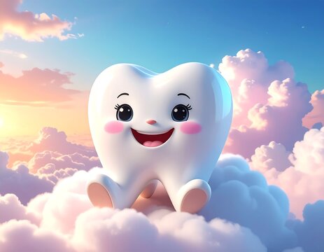 Smiling cartoon tooth sits on fluffy clouds under a colorful sky