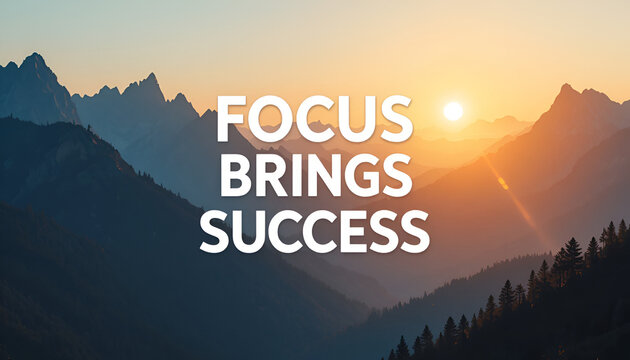 Sunrise over majestic mountains with the inspiring message focus brings success illuminated in white, conveying a powerful motivational quote against a breathtaking natural backdrop