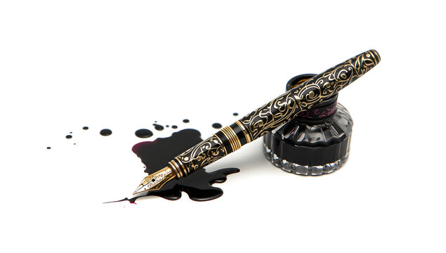 vintage 3d pen and inkwell intricately designed with metallic finish symbolizing writing creativity literature and history rendered in photorealistic classical artistic style