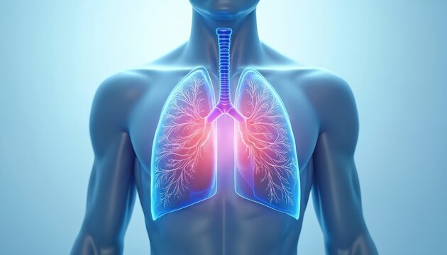 3D render shows human torso with luminous healthy lungs. Medical illustration lung cancer awareness, health. Ideal visual for healthcare publications campaigns related to respiratory wellness.