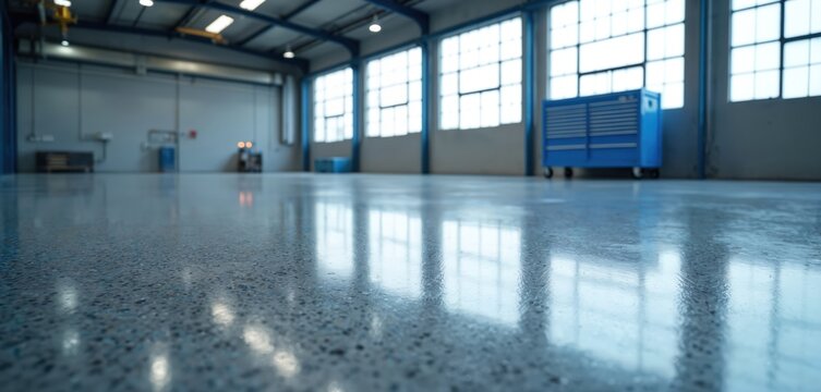 Polished concrete floor in a spacious industrial workshop or factory. Large windows create reflections on the shiny surface. A blue tool cabinet sits in the background, hinting at mechanical work.