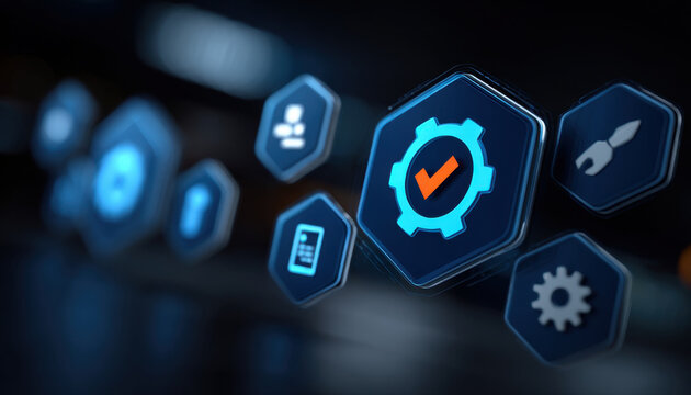 Quality assurance gear icon checkmark digital technology background glowing interface blue hexagon symbols floating modern abstract futuristic concept