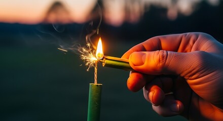 Igniting a Green Firecracker with a Golden Lighter at Dusk.