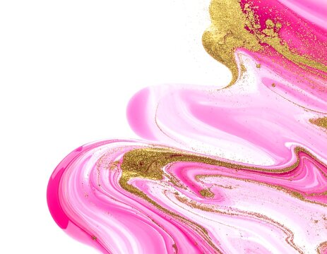 Swirls of vibrant pink and gold blend across a white background
