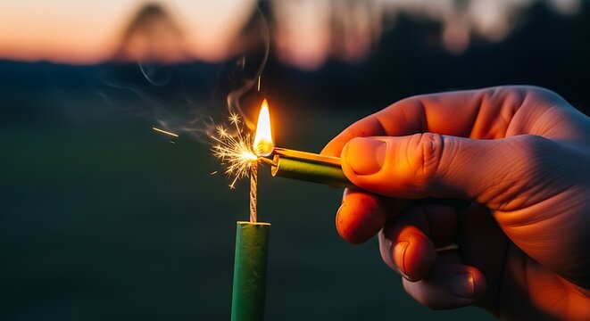 Igniting a Green Firecracker with a Golden Lighter at Dusk. - Powered by Adobe