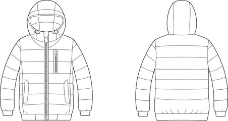 Technical puffer jacket illustration, front and back view, hooded winter coat, ribbed cuffs, zippered pockets, garment sketch, vector drawing, outerwear designv