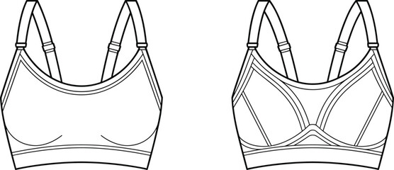 Technical sketch of sports bras, front view comparison, adjustable straps, wide underband, seam detail, fashion illustration, activewear design, garment drawing