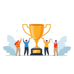 Team of happy diverse people celebrating success together with a huge golden winner's trophy