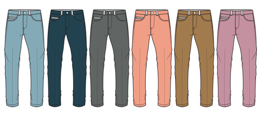 Collection of six pairs of casual pants in various colors, displayed in a row