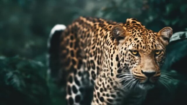 Leopard prowls through dense jungle ferns; twilight highlights its spotted coat as it eyes prey now