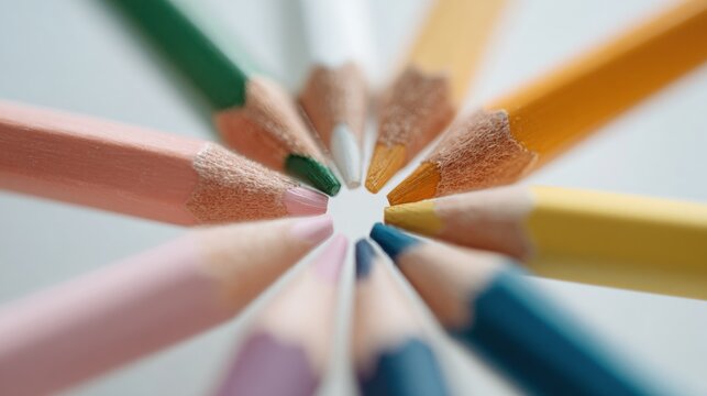 Close-up of a group of colored pencils arranged in a circular pattern. the pencils are of different colors - pink, green, yellow, blue, and purple - and are of the same size and shape.