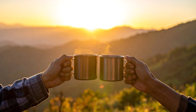 Two hands clink metal mugs at sunrise over mountainous terrain