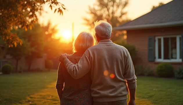 An older couple enjoys the sunset in their backyard. The warm sunlight creates a peaceful atmosphere. They share a loving embrace reflecting on life together. They have a happy retirement lifestyle.