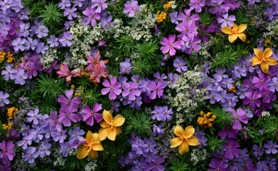 Obraz premium Colorful purple phlox and small white alyssum woven with yellow lily amid green foliage create dense macro tapestry evoking spring freshness and delicate garden texture