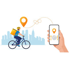 Food delivery service by bicycle, tracking order on smartphone, urban cityscape background illustration