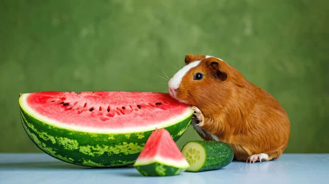 Cute Guinea Pig Eating Watermelon Healthy Pet Food Concept with Fresh Fruits, Healthy diet and nutrition for small pets, Summer fruits for guinea pigs and rodents, Fresh organic food and natural 