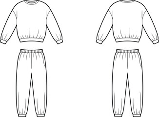 Technical sketch of sweatshirt and sweatpants, front and back view, fashion design template, casual wear illustration, garment vector drawing, clothing layout