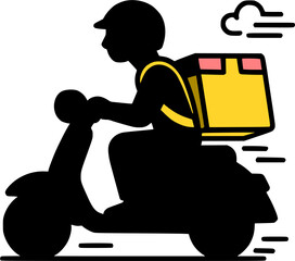 Fast delivery icon. Courier man riding scooter with package. E-commerce service.
