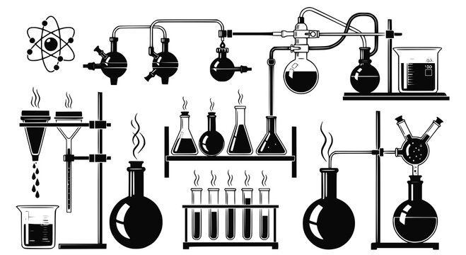 Design for science education websites, stem promotional materials, or lab safety posters: Black vector silhouette set of chemistry laboratory equipment, glassware, atom icon. Transparent PNG version.