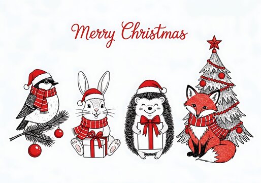 Merry Christmas greeting card featuring cute cartoon animals and a decorated pine tree - Powered by Adobe