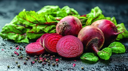 Fresh, vibrant root vegetables whole, sliced beets, and green leafy tops. Moody lighting
