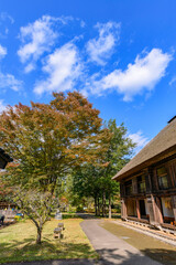Obraz premium 秋 みちのく湖畔公園 紅葉とコキアと古民家 