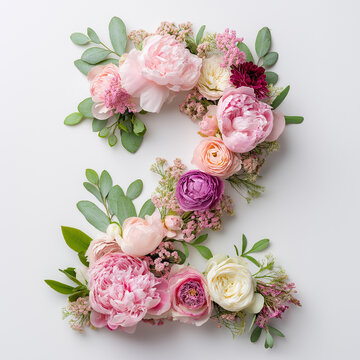 A number '2'  formed by colorful flowers ,mix of soft pinks, creams, whites, and deep reds or burgundy,peonies, roses.