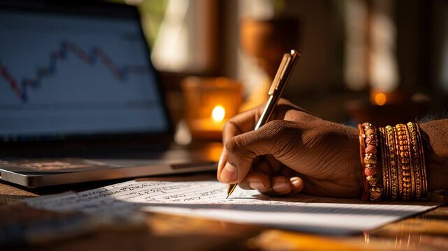 Close-up of Indian student writing stock notes beside laptop with candlestick charts, traditional bracelet and pen visible, warm natural light, stock market for students India
