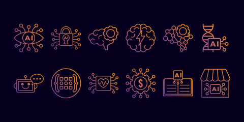 AI neon gradient line icon bundle showing brain, robotics, neural network, coding, and finance technology. Perfect for tech, innovation, data, and futuristic digital projects.