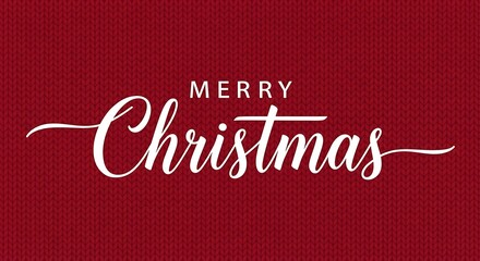 Elegant Merry Christmas calligraphy on a red knitted sweater texture background for a warm and festive holiday greeting card