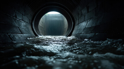 Dark tunnel pipe flood water rushing toward opening under rain with turbulent current and low light