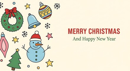Festive Merry Christmas and Happy New Year greeting with holiday icons like snowman, bell, tree, and ornaments