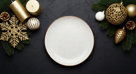 Festive Christmas Dinner Plate Setting with Ornaments and Pine Branches