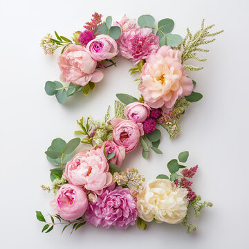 A number '2'  formed by colorful flowers ,mix of soft pinks, creams, whites, and deep reds or burgundy,peonies, roses.