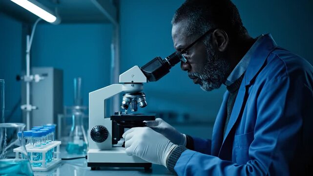Scientist examines sample under microscope. Researcher conducts experiment in laboratory research and analysis. Lab biologist records data and adjusts equipment. Clinical study focuses on precision.