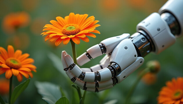 White robotic hand delicately holds bright orange flower stem. Machine gently interacts with nature in green garden setting. Photo shows future tech, AI, eco connection, automation caring for plant - Powered by Adobe