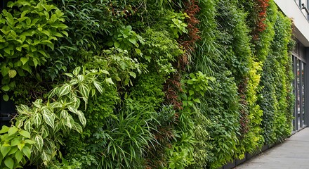 A vibrant, vertical garden display featuring various leafy plants, creating a lush wall